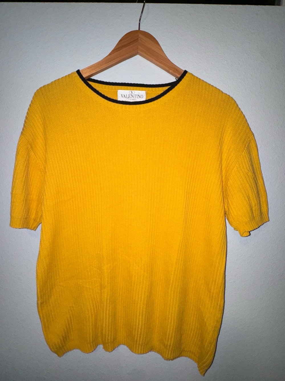 Valentino Men’s Bright Yellow Ribbed Crewneck Sweater with Black Trim